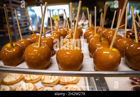 Eine Gruppe frisch gekochter Karamelläpfel auf einem Tablett in einer Bäckerei. Stockfoto