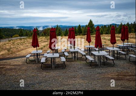 Foto einer Gruppe leerer Picknicktische auf einem Bauernhof mit geschlossenen roten Sonnenschirmen an einem bewölkten Tag mit Blick auf Feld und Bäume. Stockfoto