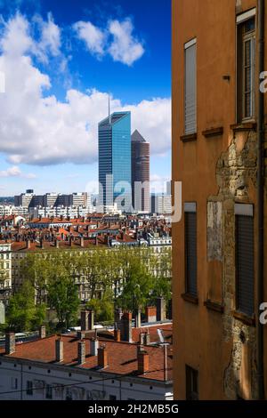 Gebäude und der Innenstadt von Lyon von Croix Rousse Hügel gesehen Stockfoto