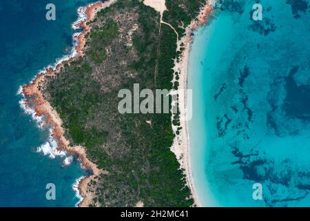 Blick von oben, atemberaubende Luftaufnahme eines weißen Sandstrandes, der von einem türkisfarbenen Wasser umspült wird. Capo Coda Cavallo, Sardinien, Italien. Stockfoto