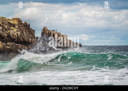 meereslandschaft mit düsterem Himmel, scharfen Felsen und großen Wellen auf dem Meer. Starke Wellen auf dem Ozean. Zerklüftete Klippen und wirbelndes Meer. Zerklüftete, felsige Küste mit Stockfoto