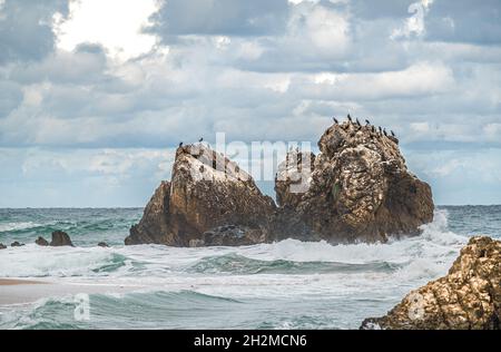 Felsformationen Am Strand Gegen Himmel. Wunderschöner Sandstrand mit großen Felsen an der Küste und im Wasser. Starke Wellen auf dem Ozean. Wasserspritzer im Meer Stockfoto