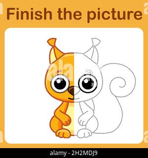 Schließen Sie den Punkt an, und vervollständigen Sie das Bild. Einfache Färbung Eichhörnchen. Zeichnung Spiel für Kinder Stock Vektor