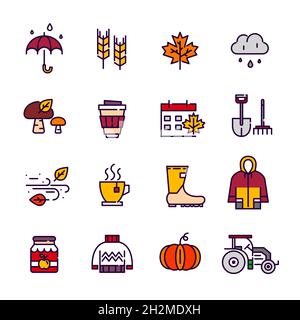 Symbole für die Herbstsaison. Regnerisches Wetter, Herbstlaub, Ernte und warmer Pullover. Pixelgenaue, bearbeitbare Kontur Stock Vektor