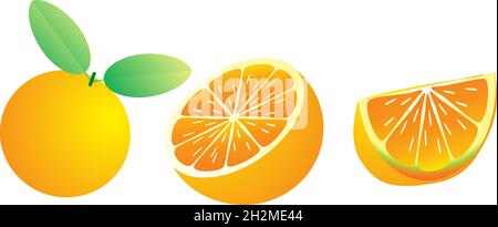 Set von isolierten farbigen Orange mit Blättern, Hälfte, Scheibe, Kreis und ganze saftige Frucht auf weißem Hintergrund. Realistische 3d Vektor Zitrussammlung. Stock Vektor