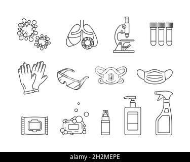 Coronavirus-Symbole umreißen Sammlung, Satz von Elementen. COVID-19 Keim, Lunge, medizinische Maske, Handschuhe, Schutzmittel, Desinfektionsmittel, Mikroskop und Test tu Stock Vektor