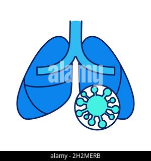Menschliche Lungen durch Coronavirus beschädigt - Vektordarstellung Symbol. COVID-19 infizierte Lungen - flaches Linienelement. Neontürkis und blaue Farbpalette Stock Vektor
