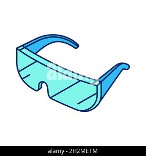 Schutzbrille aus Kunststoff – Schutzartikel gegen Covid. COVID-19-Symbol, Coronavirus-Element oder -Aufkleber in flacher Linie. Blaue und neon-türkise Farbpalette Stock Vektor