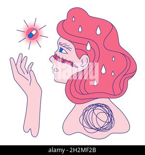 Depressionsbehandlung durch Antidepressivum Konzept. Isolierter weiblicher Kopf und Kapsel. Medikamentöse Therapie Angst, PTBS, Persönlichkeitsstörungen. Gebrochene Frau Stock Vektor