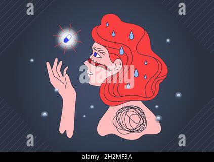 Psychische Gesundheit von Frauen - Depression Behandlung Illustration. Mädchen schaut auf Antidepressivum Pille mit Hoffnung. Medikamentöse Therapie psychische Störungen Konzept Stock Vektor