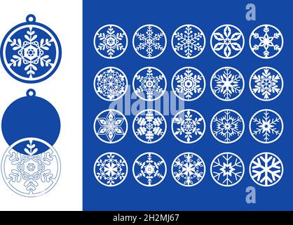 Weihnachtskugeln mit Schneeflocken. Laserschneidschablone für Untersetzer. Weihnachtsspielzeug, Dekorationen. Ornament Design-Vorlagen. Vektor isoliert dekorativ Stock Vektor