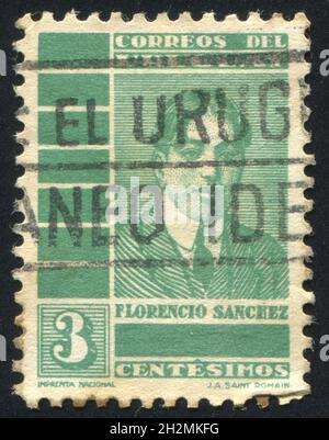 URUGUAY - UM 1934: Briefmarke gedruckt von Uruguay, zeigt Florencio Sanchez, um 1934 Stockfoto