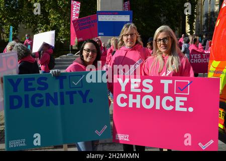 Während der Demonstration sahen die Demonstranten Plakate halten, die ihre Meinung in der Abingdon Street zum Ausdruck brachten. Die Demonstranten unterstützen die legale Euthanasie für todkranke Patienten mit voller geistiger Leistungsfähigkeit, von denen nicht erwartet wird, dass sie mehr als sechs Monate leben werden. Stockfoto