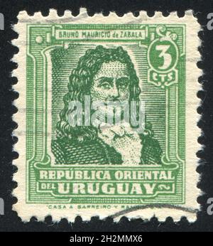 URUGUAY - UM 1945: Briefmarke gedruckt von Uruguay, zeigt Bruno Mauricio de Zabala, um 1945 Stockfoto