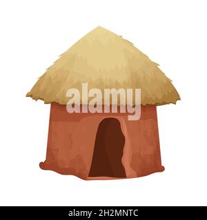 Afrikanische Hütte mit Strohdach und Lehmwandhaus im Cartoon-Stil isoliert auf weißem Hintergrund. Stammes-, ländliche Wüstengebäude. Vektorgrafik Stock Vektor