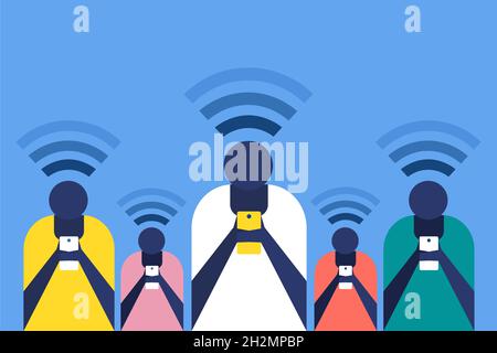 Eine Gruppe von Menschen, die ein Mobiltelefon mit WiFi-Signalen aus ihrem Kopf halten Stock Vektor