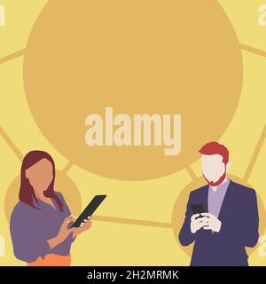 Illustration Von Partnern, Die Mit Smartphones Auf Der Suche Nach Neuen Wunderbaren Ideen Sind. Ehepaar Arbeitet Aktiv An Digitalen Telefonzeichnungen, Die Alt Werden Stock Vektor