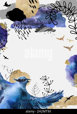 Aquarell-Vorlage für Text, Rahmen mit gemalten Elementen: Blauer jay, Vögel, Wolken, Pflanzen. Künstlerisches Poster im a3-Format. Stockfoto