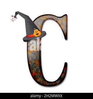 3D-Rendering von halloween Alphabet Großbuchstaben mit Zauberer Hut mit Kürbis verziert Stockfoto