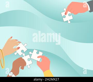 Illustration Der Hände Halten Puzzle Stücke Helfen Einander, Das Problem Zu Lösen. Palm Drawing Spielt Mit Boardgame Cooparating Mit Stock Vektor