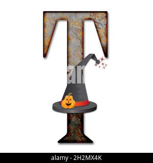 3D-Rendering von halloween Alphabet Großbuchstaben mit Zauberer Hut mit Kürbis verziert Stockfoto