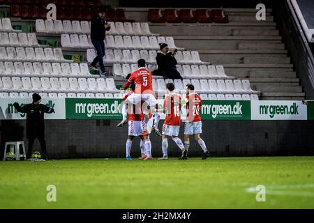 Vejle, Dänemark. Oktober 2021. Andres Ponce (9) von Vejle Boldklub punktet beim 3F Superliga-Spiel zwischen Vejle Boldklub und FC Nordsjaelland im Vejle Stadion in Vejle mit 2-0 Punkten. (Foto: Gonzales Photo/Alamy Live News Stockfoto