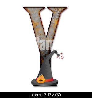 3D-Rendering von halloween Alphabet Großbuchstaben mit Zauberer Hut mit Kürbis verziert Stockfoto