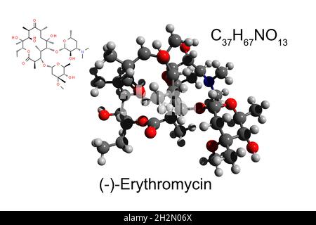 Chemische Formel, Strukturformel und 3D-Ball-and-Stick-Modell von Makrolid Antibiotikum Erythromycin Stockfoto