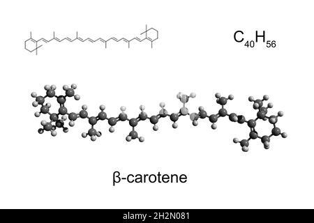 Chemische Formel, Strukturformel und 3D-Ball-and-Stick-Modell eines Pigmentbeta-Carotin, weißer Hintergrund Stockfoto