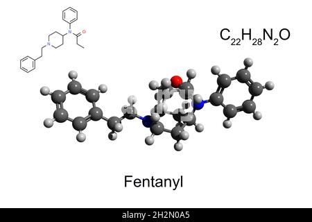 Chemische Formel, Skelettformel und 3D-Ball-and-Stick-Modell des mächtigen Opioids Fentanyl, weißer Hintergrund Stockfoto