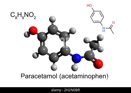 Chemische Formel, Skelettformel und 3D-Ball-and-Stick-Modell von Paracetamol (Acetaminophen), ein häufiges nicht-Steroid entzündungshemmende Medikament Stockfoto