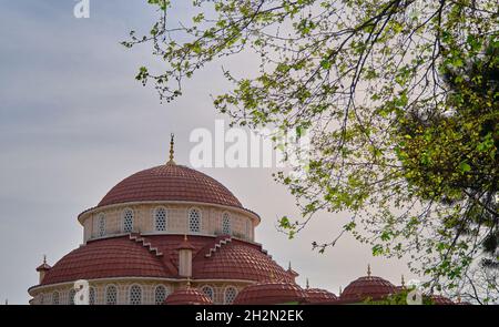Rote Ziegelsteine Moschee Kuppel und Minarett aus islamischen architektonischen Details und hinter den grünen Blättern des Baumes in iznik Bursa Türkei. Stockfoto