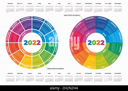 Vektordarstellung von bunten runden Kalendern 2022 isoliert auf weißem Hintergrund für Ihr Design Stock Vektor