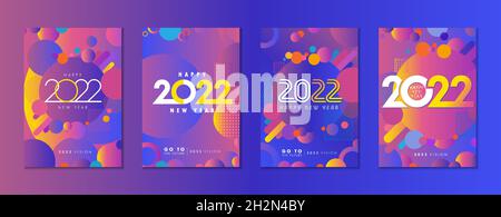 Kreatives Konzept des 2022 Happy New Year Posters Sets. Vektor-Set von eleganten Cover-Hintergrund mit farbigen geometrischen Form und bunten Logo 2022 Stock Vektor