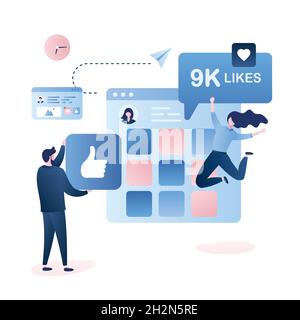 Männlicher Anhänger gibt wie Zeichen und sehr glücklich Frau springen. Menschen Zeichen im trendigen Stil, Social netwotk Webseite im Hintergrund, Vektor illustrationo Stock Vektor