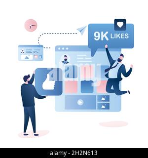 Männlicher Anhänger gibt wie Zeichen und sehr glücklich Geschäftsmann springen. Menschen Zeichen im trendigen Stil, Social netwotk Webseite auf Hintergrund, Vektor illus Stock Vektor