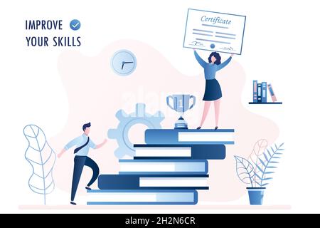 Stapel von Büchern. Geschäftsmann oder Student steigt die Treppe, verbessern neue Fähigkeiten und Bildungskonzept, erfolgreiche Geschäftsfrau auf der Oberseite mit Zertifikat Stock Vektor