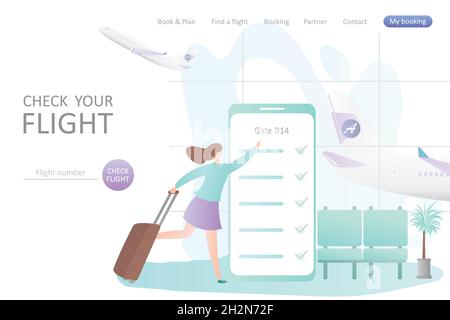 Überprüfen Sie Ihre Fluglandeseite, großes Smartphone im Flughafeninneren und laufendes Mädchen mit Koffer, letzter Anruf auf Boarding-Konzept-Webseite, Flugzeug nehmen Stock Vektor