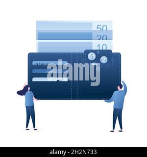 Männliche und weibliche Figur, die Geldbörse mit Geld hält.Kreditkarten, Münzen und Banknoten in einer offenen Geldbörse, Familienbudget-Konzept, isoliert auf Weiß Stock Vektor