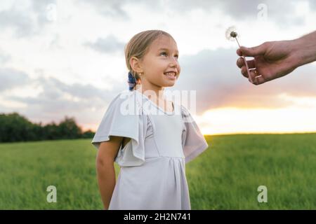Lächelndes Mädchen, das den Vater ansieht, der Dandelion Blume auf dem Feld gibt Stockfoto