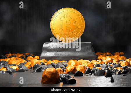 Dreidimensionaler Rendering von Bitcoin, der in der Goldmine steht Stockfoto