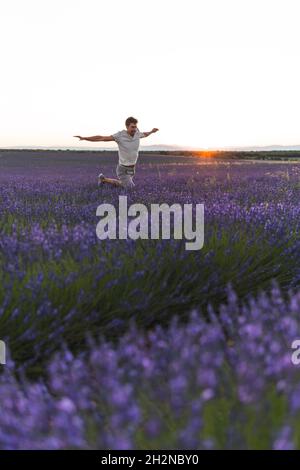 Lächelnde junge Frau, die während des Sonnenuntergangs Lavendelblüte riecht Stockfoto