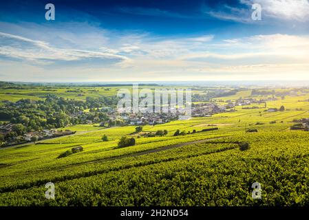 Le Village de Cercié au lever du jour, Beaujolais, Frankreich Stockfoto