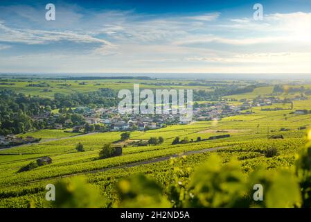 Le Village de Cercié au lever du jour, Beaujolais, Frankreich Stockfoto