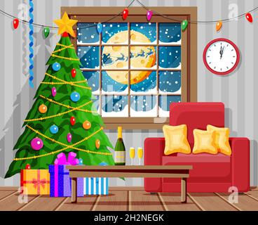 Gemütliches Interieur des Weihnachts-Wohnzimmers Stock Vektor