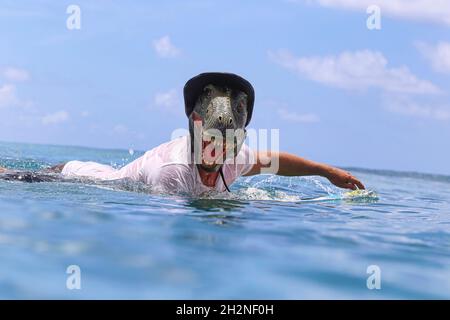 Mann mit Dinosauriermaske und Surfbrett schwimmend im Meer Stockfoto