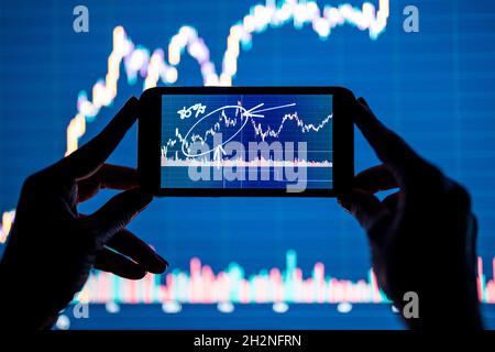 Geschäftsfrau, die über Smartphones in die Börse investiert Stockfoto