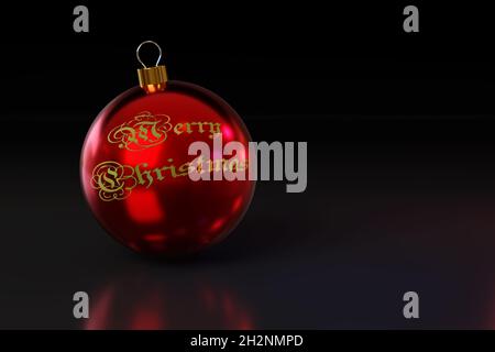 Rote weihnachtskugel mit fröhlichem weihnachtstext auf dunklem Hintergrund. 3d-Illustration. Stockfoto