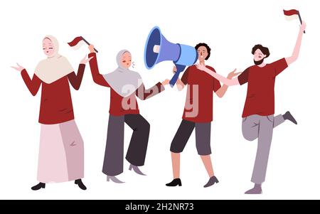 Mann und Frau mit Flaggensymbol und Lautsprecher feiern mit moderner, flacher Cartoon-Illustration einen glücklichen Tag der Unabhängigkeit Indonesiens Stock Vektor