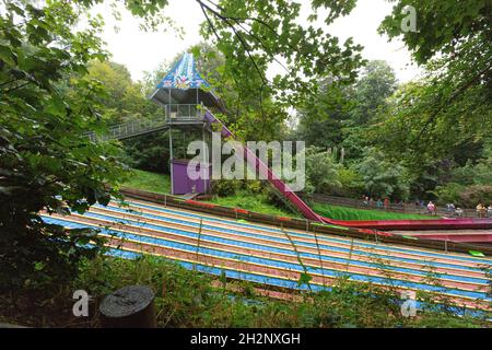 Rutschen auf der arktischen Gegend im Woodlands Family Theme Park , Totnes , Devon, England, Vereinigtes Königreich. Stockfoto